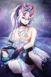 Rule 34 | 1girl, absurdres, artoria pendragon (fate), artoria pendragon (lancer alter) (fate), artoria pendragon (lancer alter) (fate) (cosplay), artoria pendragon (lancer alter) (royal icing) (fate), artoria pendragon (lancer alter) (royal icing) (fate) (cosplay), babydoll, bare shoulders, black choker, black gloves, black panties, black thighhighs, blush, breasts, choker, cleavage, collarbone, commentary, cosplay, english commentary, fate/grand order, fate (series), gloves, hair between eyes, high ponytail, highres, horns, jewelry, large breasts, lingerie, long hair, looking at viewer, md5 mismatch, necklace, nintendo switch, official alternate costume, oni horns, open mouth, panties, ponytail, red horns, resolution mismatch, revealing clothes, silver hair, solo, source smaller, taekaze7, thighhighs, tomoe gozen (fate), underwear, white babydoll