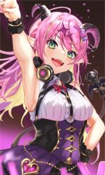 Rule 34 | 1girl, arm up, armpits, bow, breasts, curled horns, demon horns, demon tail, fingernails, green eyes, hair bow, hand on own hip, headphones, highres, hololive, horns, looking at viewer, mano aloe, medium breasts, nail polish, open mouth, panipo, pink hair, pink nails, pointy ears, solo, tail, virtual youtuber, wrist cuffs