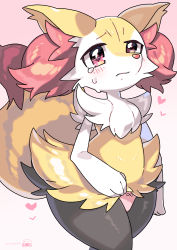 Rule 34 | 1girl, absurdres, animal ear fluff, animal ears, animal nose, black fur, blush, body fur, bow, bow panties, braixen, closed mouth, clothed pokemon, creatures (company), embarrassed, female focus, flat chest, fox ears, fox girl, fox tail, furry, furry female, game freak, gen 6 pokemon, gen 8 pokemon, gradient background, heart, highres, japanese text, looking at viewer, moumoufuton, neck fur, nintendo, panties, pink background, pink panties, pokemon, pokemon (creature), red eyes, shiny skin, simple background, snout, solo, standing, sweat, tail, tears, thick thighs, thighs, translation request, underwear, white fur, wide hips, wooloo, yellow fur