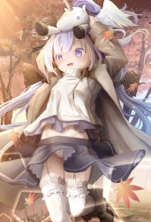 Rule 34 | 1girl, :d, absurdres, arm up, autumn leaves, azur lane, black ribbon, black skirt, blush, boots, breasts, brown footwear, brown jacket, commentary request, day, garter straps, hair between eyes, hair ribbon, highres, jacket, leaf, long hair, long sleeves, looking away, low twintails, maple leaf, on head, open clothes, open jacket, open mouth, outdoors, panties, pleated skirt, purple eyes, purple hair, ribbon, round teeth, skirt, small breasts, smile, solo, standing, standing on one leg, stuffed animal, stuffed toy, stuffed winged unicorn, sweater, teeth, tree, turtleneck, turtleneck sweater, twintails, underwear, unicorn (azur lane), upper teeth only, utatanecocoa, very long hair, white legwear, white panties, white sweater