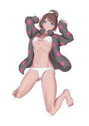 Rule 34 | 1girl, :3, absurdres, arms up, asahina aoi, bare legs, barefoot, bikini, blue eyes, breasts, brown hair, closed mouth, collarbone, danganronpa: trigger happy havoc, danganronpa (series), dark-skinned female, dark skin, full body, grey jacket, hair ornament, hands up, highres, jacket, long sleeves, medium breasts, navel, open clothes, open jacket, puchiman, short hair, simple background, sleeves past wrists, smile, solo, star (symbol), star print, swimsuit, underboob, v-shaped eyebrows, white background, white bikini