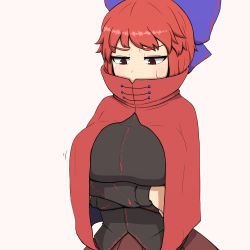Rule 34 | 1girl, arms under breasts, black shirt, blue bow, blush, bow, breast conscious, breasts, cape, cloak, commentary, crossed arms, hair bow, high collar, kigan&#039;eiji, large breasts, long sleeves, miniskirt, red cape, red cloak, red eyes, red hair, red skirt, sekibanki, shirt, short hair, skirt, solo, sweatdrop, touhou