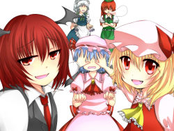 Rule 34 | 5girls, :d, alternate hair length, alternate hairstyle, apron, ascot, bat wings, between fingers, blonde hair, blue hair, braid, china dress, chinese clothes, covering privates, covering face, covering own eyes, crossed arms, dress, dress shirt, embodiment of scarlet devil, fang, female focus, flandre scarlet, frills, h-arukiti, hand on another&#039;s face, hat, hat ribbon, holding, hong meiling, izayoi sakuya, knife, koakuma, long hair, maid, maid apron, maid headdress, multiple girls, necktie, nose bubble, open mouth, red eyes, red hair, red necktie, remilia scarlet, ribbon, shirt, short hair, silver hair, simple background, skirt, skirt set, sleeping, sleeping upright, smile, star (symbol), throwing knife, touhou, troll face, twin braids, vest, waist apron, wavy mouth, weapon, wings