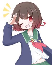 Rule 34 | 1girl, arm up, blazer, blue jacket, blush, brown hair, collarbone, commentary request, crescent, crescent pin, dutch angle, gradient hair, green sailor collar, green skirt, jacket, kantai collection, looking at viewer, midriff peek, multicolored hair, mutsuki (kancolle), nagakaze tobaru, navel, neckerchief, one eye closed, open clothes, open jacket, open mouth, pleated skirt, red eyes, red hair, red neckerchief, sailor collar, salute, school uniform, serafuku, shirt, short hair, simple background, skirt, solo, upper body, white background, white shirt