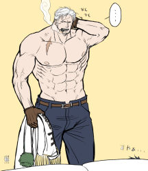 Rule 34 | 1boy, abs, alternate facial hair, bara, beard, brown gloves, bulge, cigar, denim, facial hair, feet out of frame, gloves, jacket, unworn jacket, jeans, kokorozashi, large pectorals, male focus, mature male, muscular, muscular male, navel, nipples, one piece, pants, pectorals, scar, scar on chest, topless male, short hair, sideburns, smoker (one piece), smoking, solo, stomach, stubble, white hair
