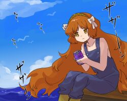 115_koubunshi 1girl bare_shoulders blue_overalls blue_sky bow brown_hairband can closed_mouth e.g.o_(project_moon) hair_bow hairband holding holding_can ishmael_(project_moon) limbus_company long_hair naked_overalls ocean orange_hair overalls project_moon sidelocks sitting sky soda_(e.g.o) solo very_long_hair white_bow