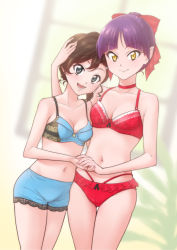 Rule 34 | &gt;:), 2girls, :d, arm up, bare arms, bare shoulders, blue bra, blue eyes, blue panties, blurry, blurry background, blush, bow, bow panties, boyshort panties, bra, breasts, brown eyes, brown hair, choker, cleavage, collarbone, commentary request, depth of field, dutch angle, fingernails, frilled panties, frills, gegege no kitarou, hair bow, hair ornament, hairclip, hand on another&#039;s head, high ponytail, highres, holding hands, inuyama mana, lace, lace-trimmed panties, lace trim, multiple girls, navel, nekomusume, nekomusume (gegege no kitarou 6), ogry ching, open mouth, panties, ponytail, purple hair, red bow, red bra, red choker, red panties, short hair, small breasts, smile, thigh gap, underwear, v-shaped eyebrows, window