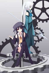 Rule 34 | 2girls, 3:, :d, black hair, blue eyes, ciel sacred, gears, hat, hayano hikari, highres, holding, long hair, looking at viewer, multiple girls, open mouth, original, pixiv fantasia, pixiv fantasia 5, polearm, red eyes, sitting, smile, spear, standing, thighhighs, twintails, weapon, white hair, zettai ryouiki