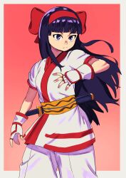 Rule 34 | 1girl, absurdres, ainu clothes, breasts, fingerless gloves, gloves, hair ribbon, highres, legs, long hair, looking at viewer, nakoruru, pants, purple eyes, purple hair, ribbon, samurai spirits, small breasts, snk, solo, the king of fighters, thighs, weapon
