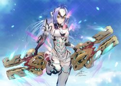 Rule 34 | 1girl, android, armor, bare shoulders, blue hair, breasts, elbow gloves, expressionless, fadingz, forehead protector, gloves, kos-mos, kos-mos re:, large breasts, leotard, long hair, looking at viewer, red eyes, solo, thighhighs, very long hair, weapon, white leotard, xenoblade chronicles (series), xenoblade chronicles 2, xenosaga