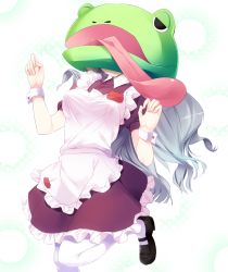 Rule 34 | 1girl, apron, breasts, female focus, frog, gradient background, highres, idolmaster, idolmaster (classic), loafers, long hair, maid, maid apron, matsukawa (pale scarlet), pantyhose, running, shijou takane, shoes, silver hair, simple background, solo, tongue, uniform, white background, white pantyhose, wrist cuffs