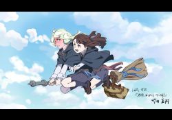 Rule 34 | 10s, 2girls, :d, bag, blue eyes, blue sky, blush, broom, broom riding, brown hair, cloak, cloud, commentary request, day, diana cavendish, full-face blush, full body, half-closed eyes, highres, hug, hug from behind, kagari atsuko, letterboxed, little witch academia, long hair, long sleeves, multiple girls, multiple riders, neck ribbon, official art, open mouth, ribbon, school uniform, sidelocks, sky, smile, sweatdrop, takeda naoki, text focus, white hair, witch, yuri