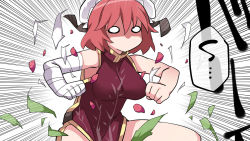 Rule 34 | 0 0, 1girl, bandaged arm, bandages, bare shoulders, bun cover, clenched hand, double bun, emphasis lines, exploding clothes, hair between eyes, hair bun, hammer (sunset beach), ibaraki kasen, no mouth, pink hair, shaded face, short hair, solo, tabard, touhou, translation request