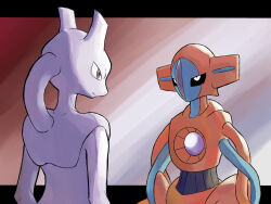 Rule 34 | ashita mo, creatures (company), deoxys, deoxys (normal), expressionless, game freak, gen 1 pokemon, gen 3 pokemon, highres, horns, legendary pokemon, looking at another, mewtwo, mythical pokemon, nintendo, no humans, pokemon, pokemon (creature), serious, simple background, standing, tentacles