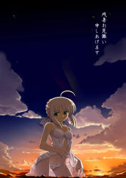 Rule 34 | 00s, 1girl, ahoge, artoria pendragon (fate), babydoll, blonde hair, breasts, fate/stay night, fate (series), green eyes, lingerie, namonashi, outdoors, panties, saber (fate), sky, small breasts, solo, sunset, swimsuit, twilight, underwear, underwear only, wading, water, wet, white panties, zanshomimai