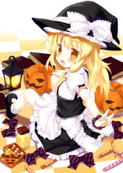 Rule 34 | 1girl, :d, blonde hair, blush, book, bottle, bow, braid, candy, candy cane, checkered floor, crescent, dress, female focus, floor, food, hat, hat ribbon, jack-o&#039;-lantern, kirisame marisa, lantern, long hair, looking at viewer, mary janes, meito (maze), open mouth, pumpkin, ribbon, shoes, single braid, sitting, smile, solo, star (symbol), sweets, touhou, trick or treat, witch hat, yellow eyes