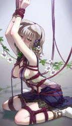 Rule 34 | 1girl, anklet, armpits, arms up, beige blouse, blouse, blurry, blurry background, blush, bound, bound wrists, bracelet, breasts, cleavage, covered mouth, depth of field, earmuffs, flower, flower request, foot out of frame, grey background, hair between eyes, hair flaps, half-closed eyes, highres, jewelry, large breasts, leaf, light brown hair, looking at viewer, medium hair, navel, plant, pointy hair, purple skirt, rope, shirt, simple background, sitting, skirt, sleeveless, sleeveless shirt, socks, solo, syuri22, touhou, toyosatomimi no miko, vines, wariza, white flower, white socks, yellow eyes