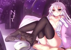 Rule 34 | 1girl, ahoge, bad id, bad pixiv id, black thighhighs, cushion, dk.senie, feet, foot focus, highres, logitech, long hair, mouse (computer), neet, no bra, no shoes, open clothes, open shirt, original, panties, pillow, shirt, side-tie panties, sitting, soles, solo, string panties, thighhighs, toes, underwear, undressing, white hair, white panties