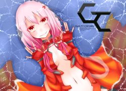 Rule 34 | 10s, 1girl, aka aoi, bare shoulders, blush, breasts, cat&#039;s cradle, center opening, cleavage, detached sleeves, fingerless gloves, gloves, guilty crown, hair ornament, hairclip, long hair, looking at viewer, navel, pink hair, red eyes, solo, twintails, yuzuriha inori