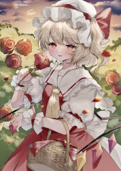 Rule 34 | 1girl, absurdres, ascot, basket, cloud, cowboy shot, crystal, flandre scarlet, flower, hand up, hat, hat ribbon, highres, holding, holding flower, long hair, looking at viewer, mob cap, one side up, open mouth, outdoors, petals, puffy short sleeves, puffy sleeves, red eyes, red flower, red ribbon, red rose, red skirt, red vest, ribbon, rose, shirt, short sleeves, skirt, smile, solo, sorani (kaeru0768), touhou, vest, white hat, white shirt, wings, wrist cuffs, yellow ascot