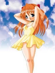 Rule 34 | 1girl, :d, arms up, bare legs, blue eyes, choker, dress, female focus, neon genesis evangelion, open mouth, red hair, short dress, sky, smile, solo, souryuu asuka langley, yellow dress