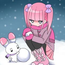 1girl animal ass black_hair black_thighhighs blunt_bangs boots bow closed_mouth coat expressionless ezaki_bisuko gloves hair_bow heart highres holding holding_snowball jitome light_blush looking_at_another menhera-chan_(ezaki_bisuko) menhera-chan_(ezaki_bisuko)_(character) outdoors pink_footwear pink_gloves pink_hair pink_scarf pink_skirt pleated_skirt purple_bow purple_coat purple_scarf rabbit scarf sidelocks skirt snow snowball snowing squatting thighhighs twintails usatan_(ezaki_bisuko)