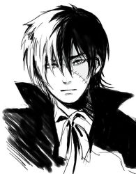 Rule 34 | 1boy, artist request, black jack (character), black jack (series), closed mouth, greyscale, looking at viewer, male focus, monochrome, multicolored hair, scar, simple background, solo, white background