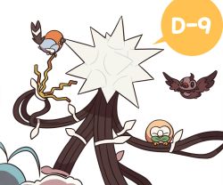 Rule 34 | antenna hair, bird, closed mouth, commentary request, creatures (company), closed eyes, fletchling, flying, game freak, gen 3 pokemon, gen 4 pokemon, gen 6 pokemon, gen 7 pokemon, nintendo, no humans, pokemon, pokemon (creature), pokemon on arm, rowlet, simple background, speech bubble, spikes, ssalbulre, starly, swablu, ultra beast, white background, xurkitree