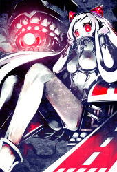 Rule 34 | 10s, 1girl, abyssal ship, airfield princess, albino, breasts, color 73, colored skin, hand on own head, horns, kantai collection, long hair, machinery, nipples, open mouth, red eyes, sitting, solo, very long hair, weapon, white hair, white skin, wrist cuffs