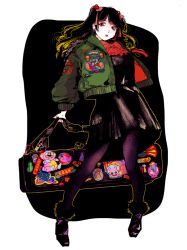 Rule 34 | 1girl, ankle boots, bag, black eyes, black hair, bobbbob, bomber jacket, boots, bow, bowtie, case, full body, fur-trimmed boots, fur trim, hair bow, holding, holding bag, jacket, jacket partially removed, long hair, looking to the side, original, outside border, pantyhose, solo, sticker