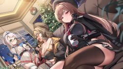 Rule 34 | 3girls, anis (nikke), beret, black gloves, black headwear, blush, breasts, brown hair, brown thighhighs, christmas, christmas tree, cleavage, closed eyes, closed mouth, collarbone, crossed legs, cup, gloves, goddess of victory: nikke, green eyes, grey hair, hat, highres, holding, holding cup, large breasts, long sleeves, looking at viewer, mendou kusai, multiple girls, neon (nikke), open mouth, parted lips, rapi (nikke), red eyes, sitting, smile, thighhighs, thighs, white thighhighs