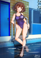 Rule 34 | 1girl, 3d background, akiyama yukari, barefoot, blue one-piece swimsuit, blush, breasts, brown eyes, brown hair, cameltoe, cleavage, collarbone, covered navel, door, female focus, full body, german text, girls und panzer, head tilt, highres, indoors, large breasts, looking at viewer, megadeko, one-piece swimsuit, open mouth, partially submerged, pool, pool ladder, poolside, shiny skin, short hair, smile, solo, swimsuit, translated, wading, water, wet
