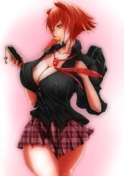 Rule 34 | 1girl, animal ears, bag, blazblue, breasts, brown eyes, brown hair, cellphone, cellphone charm, charm (object), cleavage, collarbone, covered erect nipples, food, highres, huge breasts, loose necktie, makoto nanaya, miniskirt, mouth hold, necktie, no bra, no tail, nontan (nontanexx), perky breasts, phone, plaid, plaid skirt, pleated skirt, school bag, school uniform, short hair, short sleeves, skirt, solo, squirrel ears, taiyaki, thighs, unbuttoned, unmoving pattern, wagashi
