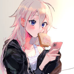 Rule 34 | 1girl, ahoge, bearo, black jacket, blue eyes, braid, bread, bread slice, cellphone, cevio, commentary, eating, food, highres, holding, holding food, holding phone, ia (vocaloid), jacket, light blush, long hair, looking at phone, open clothes, open jacket, phone, platinum blonde hair, shirt, side braid, sidelighting, signature, smartphone, solo, striped clothes, striped shirt, toast, upper body, vocaloid