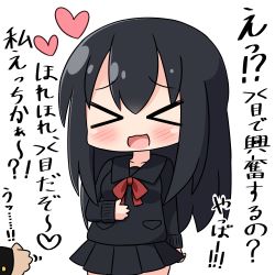 Rule 34 | &gt; &lt;, 1boy, 1girl, :3, :d, black hair, black sailor collar, black serafuku, black skirt, blush, bow, chibi, closed eyes, collarbone, commentary request, facing viewer, hair between eyes, hana kazari, hand on own stomach, heart, long hair, long sleeves, open mouth, original, out of frame, pleated skirt, red bow, sailor collar, school uniform, serafuku, simple background, skirt, smile, solo focus, translation request, very long hair, white background