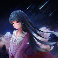 Rule 34 | 1girl, backlighting, black hair, blunt bangs, blush, bow, cloud, cloudy sky, expressionless, fjsmu, from side, full moon, grass, half-closed eyes, highres, hime cut, houraisan kaguya, light particles, long hair, long skirt, long sleeves, looking afar, maroon skirt, meteor shower, moon, moonlight, night, night sky, pink eyes, pink shirt, shirt, skirt, sky, slit pupils, solo, star (sky), starry sky, touhou, tree, very long hair, wind