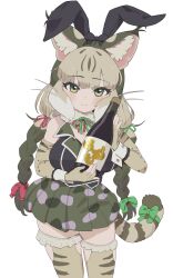 Rule 34 | 1girl, animal ears, bottle, cat ears, cat girl, cat tail, elbow gloves, extra ears, fingerless gloves, gloves, green eyes, grey hair, highres, holding, holding bottle, jacket, japari symbol, jungle cat (kemono friends), kemono friends, kemono friends v project, kunikuni (kunihiro2005), long hair, looking at viewer, microphone, rabbit ears, ribbon, simple background, skirt, sleeveless, solo, tail, thighhighs, twintails, virtual youtuber