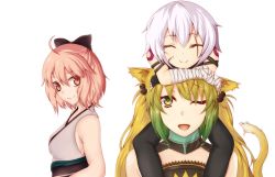 Rule 34 | 3girls, ^ ^, ahoge, animal ears, atalanta (fate), bandaged arm, bandages, bare shoulders, blonde hair, breasts, brown eyes, cat ears, cat tail, closed eyes, closed eyes, fate/apocrypha, fate (series), fingerless gloves, gloves, green eyes, grey hair, hair between eyes, hair ornament, highres, jack the ripper (fate/apocrypha), koha-ace, multicolored hair, multiple girls, okita souji (fate), okita souji (koha-ace), one eye closed, open mouth, pink hair, ribbon, scar, short hair, tail, white background