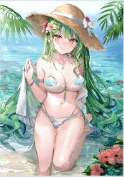 Rule 34 | 1girl, absurdres, armlet, bare shoulders, bikini, blush, bow, bracelet, braid, breasts, brown eyes, cleavage, closed mouth, collarbone, day, earrings, fingernails, floating, flower, frilled bikini, frills, green hair, hair flower, hair ornament, hand up, hat, hibiscus, highres, holding, jewelry, lips, long hair, long sleeves, looking at viewer, medium breasts, momoko (momopoco), nail polish, navel, necklace, off shoulder, original, outdoors, partially submerged, petals, scan, see-through, shiny skin, shirt, simple background, smile, solo, stomach, sun hat, swimsuit, thighs, water, water drop, wet, wet clothes, yukari (momoko)