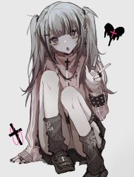 Rule 34 | 1girl, bad id, bad twitter id, bags under eyes, black nails, black skirt, bracelet, chan8016, cross, ear piercing, grey background, grey footwear, grey hair, grey socks, hair ornament, hairclip, heart, highres, jacket, jewelry, legs up, nail polish, necklace, open mouth, original, panties, piercing, pink jacket, purple eyes, ring, shoes, simple background, sitting, skirt, socks, solo, spikes, striped clothes, striped jacket, thighs, twintails, underwear, w