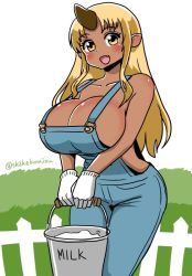Rule 34 | 10s, 1girl, :d, alternate costume, blonde hair, blush, breasts, bucket, cleavage, commentary request, dark-skinned female, dark skin, fang, fence, grass, holding, horns, huge breasts, long hair, looking at viewer, milk, monster girl, monster musume no iru nichijou, naked overalls, no bra, ogre, oni horns, open mouth, outdoors, overalls, shake-o, single horn, smile, solo, standing, tionishia, twitter username, yellow eyes
