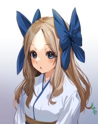 Rule 34 | 1girl, asakaze (kancolle), blue bow, blue eyes, bow, commentary request, forehead, gradient background, grey background, hair bow, highres, japanese clothes, kantai collection, kimono, light brown hair, long hair, meiji schoolgirl uniform, parted bangs, sidelocks, solo, wavy hair, white background, white kimono, youmou usagi