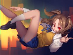 Rule 34 | 00s, 1girl, bad id, bad pixiv id, brown hair, loafers, melty blood, panties, red eyes, school uniform, shoes, skirt, skyline, smile, solo, toramaru, tsukihime, twintails, two side up, type-moon, underwear, vest, yumizuka satsuki