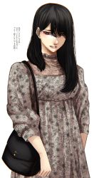 Rule 34 | 1girl, bag, black hair, cuts, dress, eyeshadow, floral print, grey dress, grey eyes, highres, hoshi san 3, injury, long hair, long sleeves, looking at viewer, makeup, mole, mole under eye, mole under mouth, original, parted lips, shoulder bag, simple background, solo, standing, translation request, unmoving pattern, upper body, white background
