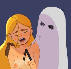Rule 34 | blanket, blonde hair, cane, crying, dark skin, ghost, halloween, highres, holding, holding cane, long hair, moitasart, nude, original, scared