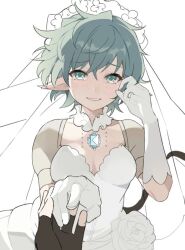 Rule 34 | 1boy, 1girl, :d, black gloves, breasts, bridal veil, cleavage, core crystal (xenoblade), crying, crying with eyes open, dress, fingerless gloves, gloves, green eyes, green hair, grin, hetero, holding hands, looking at viewer, medium breasts, open mouth, pandoria (xenoblade), pointy ears, pov, pov hands, short hair, simple background, smile, solo focus, stephanieh81080, tail, tears, teeth, veil, wedding dress, white background, white dress, white gloves, xenoblade chronicles (series), xenoblade chronicles 2, zeke von genbu (xenoblade)