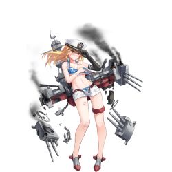 Rule 34 | 1girl, anchor, bandaid, belt, bikini, black gloves, blonde hair, blue bikini, breasts, broken, cannon, chain, character name, closed mouth, collarbone, covering breasts, covering privates, damaged, elbow gloves, full body, gloves, hand on headwear, hand on own chest, hat, houston (warship girls r), looking to the side, machinery, midriff, military hat, navel, official art, open clothes, open vest, peaked cap, remodel (warship girls r), shorts, single glove, smoke, solo, standing, star (symbol), star print, swimsuit, text focus, transparent background, turret, vest, wardrobe malfunction, warship girls r, white hat, white shorts, white vest, yellow eyes