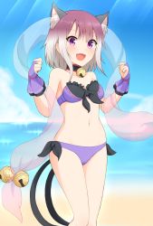 Rule 34 | 1girl, :d, animal ear fluff, animal ears, bare shoulders, beach, bell, bikini, breasts, bridal gauntlets, cat ears, cat girl, cat tail, choker, clenched hands, commentary, day, extra ears, fang, front-tie bikini top, front-tie top, gloves, gradient hair, hands up, highres, jingle bell, looking at viewer, medium breasts, multicolored hair, multiple tails, navel, neck bell, open mouth, princess connect!, purple bikini, purple eyes, purple gloves, purple hair, shawl, shiraha maru, short hair, side-tie bikini bottom, smile, solo, stomach, swimsuit, tail, tamaki (princess connect!), tamaki (summer) (princess connect!), two tails