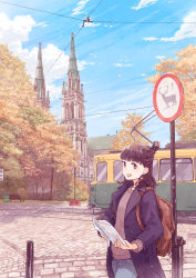 Rule 34 | 1girl, :d, absurdres, autumn leaves, backpack, bag, bench, black hair, blue jacket, brown bag, brown eyes, building, cathedral, commentary request, day, denim, hair bun, half updo, highres, holding, holding map, jacket, jeans, kujyoo, looking at viewer, map, medium hair, open mouth, original, outdoors, pants, park bench, power lines, road, road sign, sign, single hair bun, smile, solo, streetcar, sweater, trash can, tree