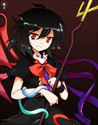 Rule 34 | 1girl, alphes (style), black hair, dress, female focus, houjuu nue, ideolo, parody, polearm, red eyes, short hair, snake, solo, spear, style parody, touhou, trident, weapon, wings